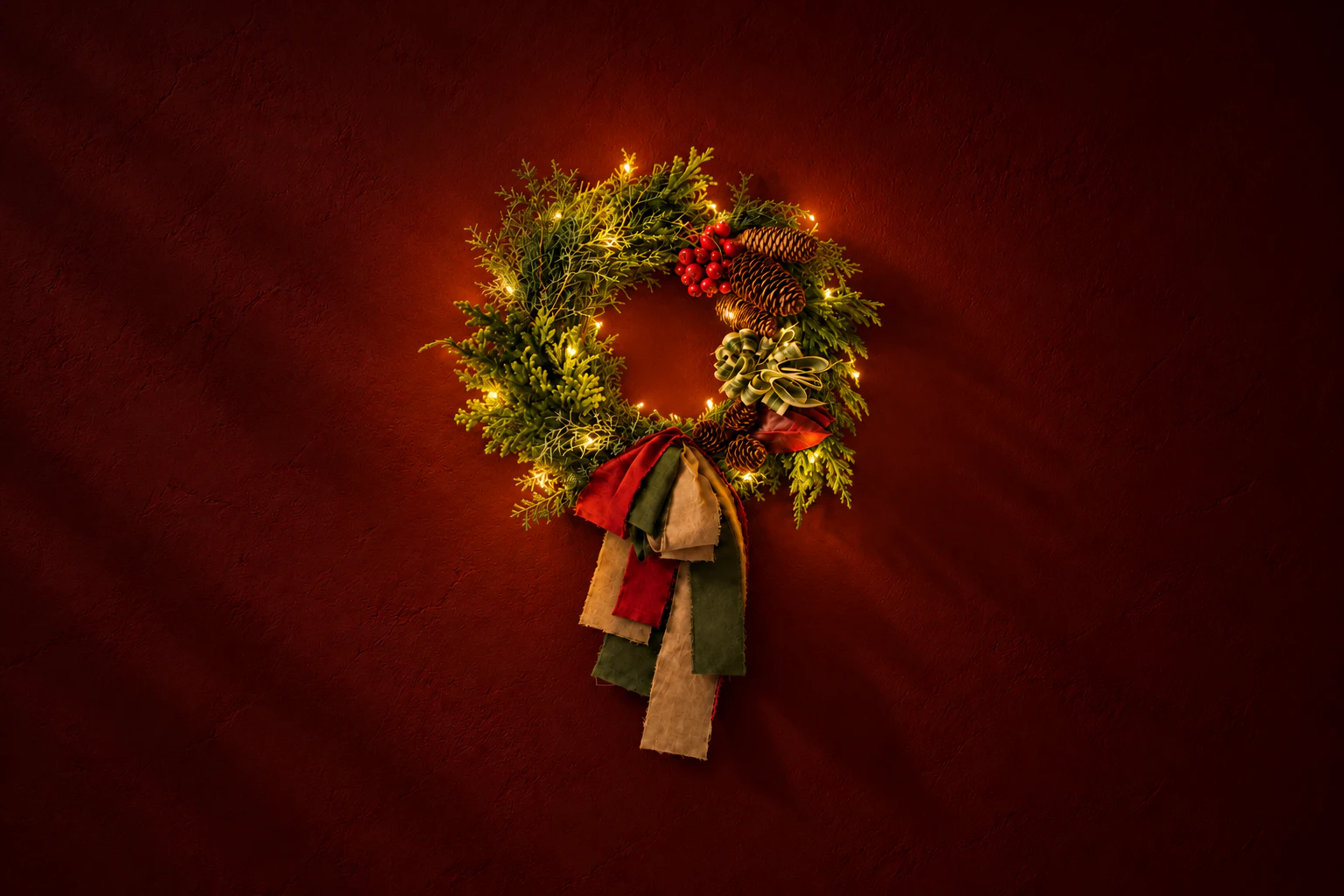 灯りを落とした赤い壁で、LEDが灯ったクリスマスリース