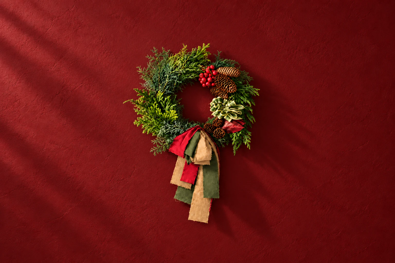 深い赤の壁に掛けた、針葉樹と赤い実のクリスマスリース